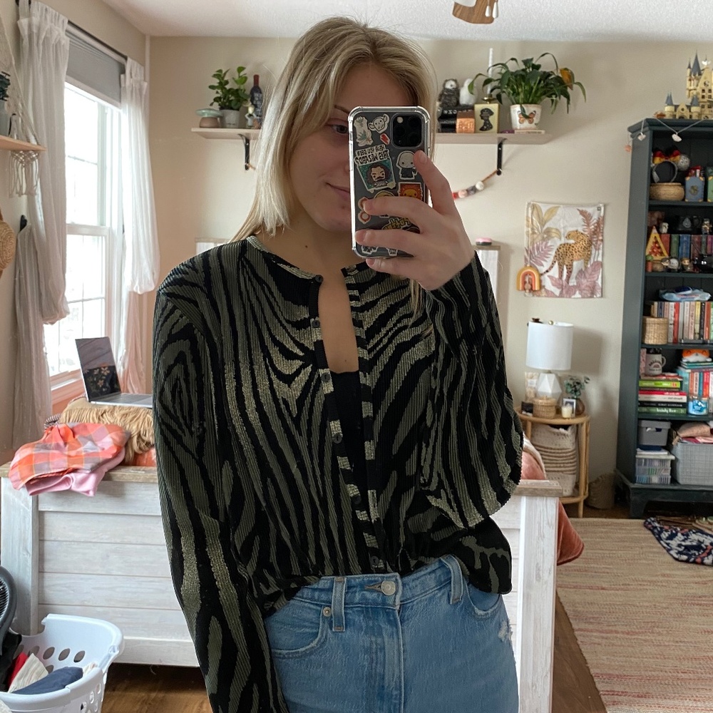 Vintage Rafael Green and Black Zebra Animal Print Button Up Top